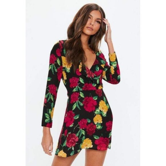 Missguided Black Red Floral Long Sleeve Tea Dress - Picture 1 of 6